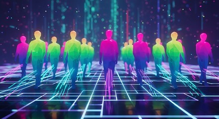 Rainbow silhouettes marching in digital rhythm