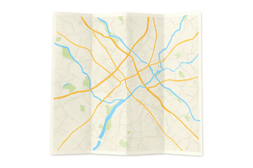 Folded paper city map showing roads, rivers and parks on transparent background