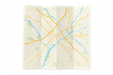 Folded paper city map showing roads, rivers and parks on transparent background