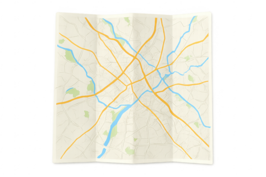 Folded paper city map showing roads, rivers and parks on transparent background
