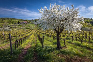 Obraz premium Istria s spring vineyard with blooming fruit tree in the countryside