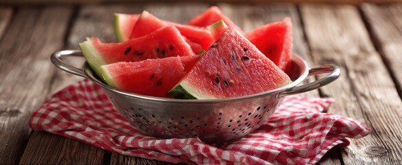 The Watermelon Slices in a Rustic Metal Colander on Red Gingham Cloth
