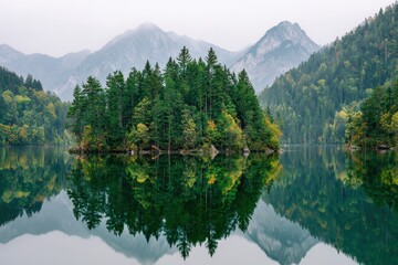 Fototapeta premium Mirrored landscapes of tranquil lake water surrounded by forests and islands