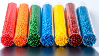 Colorful plastic pellets in test tubes