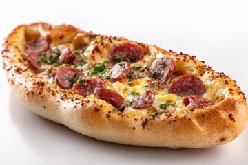 Mixed pita with sucuk meat and cheese on a white background