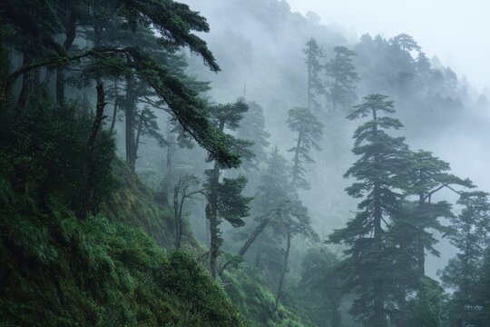 Misty view of Lamahatta s pine forest in Darjeeling