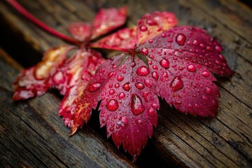 Moist red grape leaf Rainy wooden board Vivid tree form Fall climate