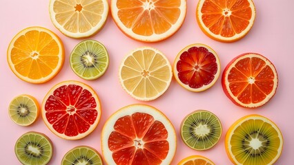 Obraz premium Flat lay image of various citrus fruit slices and kiwi arranged on a pink background; a vibrant and colorful food photography composition.