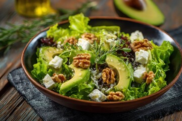 Nutritious salad featuring avocado walnuts and cheese Plant based dish