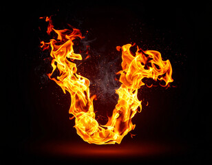 Glowing orange and yellow flames form a symmetrical arch, open at the top. The dynamic tongues of fire create a powerful texture, with some sparks and fine smoke drifting around it