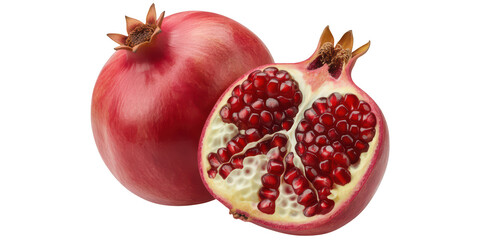 Whole and halved ripe pomegranate fruit isolated on transparent background