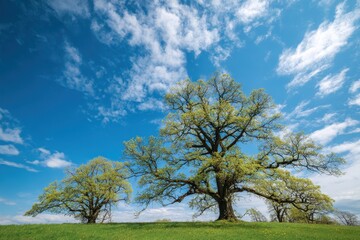 Obraz premium Oak trees in spring against a blue sky