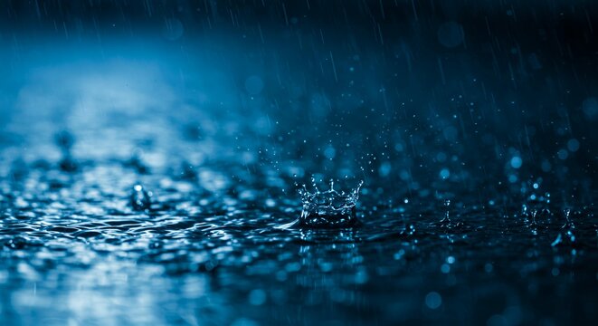 Macro photography of water droplet splash creating crown-shaped ripples during rainfall with bokeh blue background effects