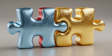 Fototapeta premium Three puzzle pieces with gold and blue colors