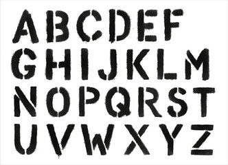 Black spray-painted stencil alphabet letters on white background, bold military style, graffiti street art typography design.