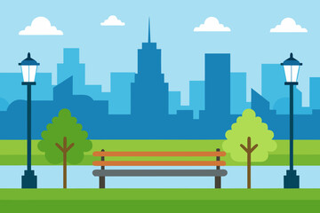 Fototapeta premium Green urban landscape illustration with city buildings, trees, and sky