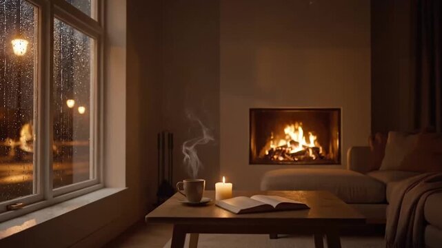 Rainy Evening Living Room with Corner Sofa, Coffee, Candle, and Fireplace