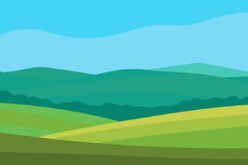 A cartoon vector illustration of a peaceful summer landscape with green hills, blue sky, and distant mountains under a warm sun