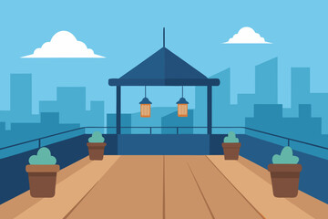 Vector illustration of a coastal town with a mix of modern and traditional architecture under a summer sky