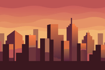 An urban vector illustration of a city skyline silhouette at sunset