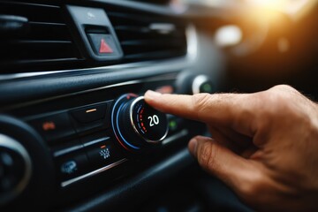 Selecting car climate control a man adjusting temperature in a modern vehicle
