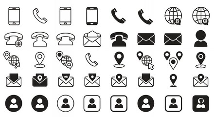 Business communication icons featuring mobile devices, phones, email and location symbols with global connectivity elements for corporate design