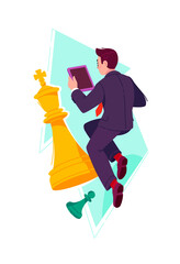 Illustration of a businessman with a tablet, among chess pieces. A metaphor for business strategies, achieving a goal. Vector. An image for design projects and websites.