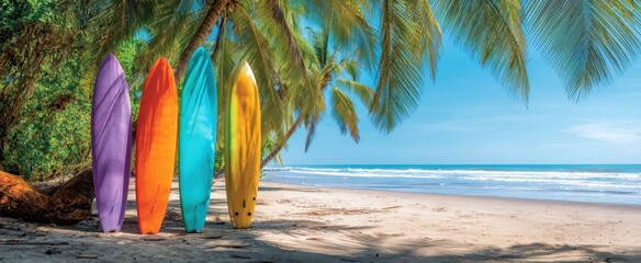 The Surfboards Leaning Against Palms on a Sunny Tropical Beach at Oceanfront