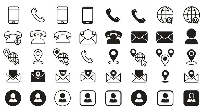 Business communication icons featuring mobile devices, phones, email and location symbols with global connectivity elements for corporate design