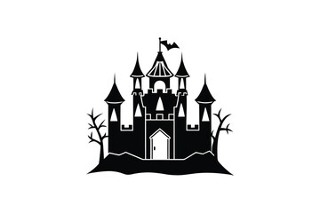 Obraz premium A black silhouette of a medieval castle with towers and flags on a hill