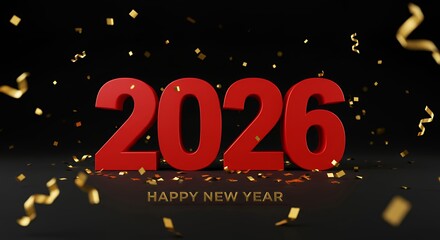 Elegant red 2026 New Year numbers with golden square confetti particles falling on black celebration background