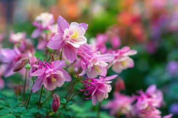 Spring garden with pink aquilegia flowers