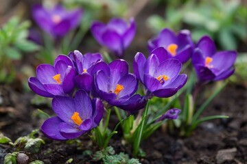Spring garden with purple crocus