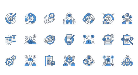 Professional business icons for customer support, teamwork, and productivity, offering clear visual solutions.
