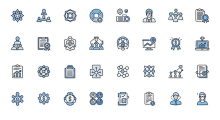 Obraz premium Dynamic business icons representing growth, teamwork, analytics, and success for modern professional use.