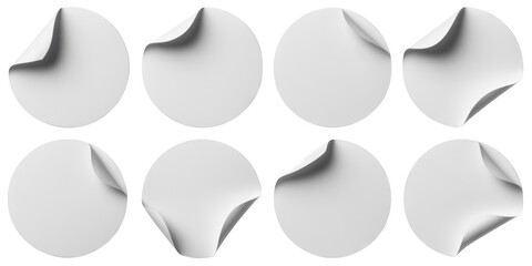 Eight oval stickers with curled corners isolated on transparent background