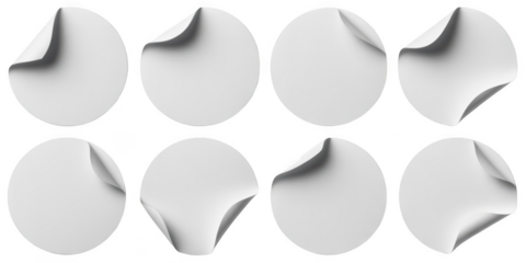 Eight oval stickers with curled corners isolated on transparent background