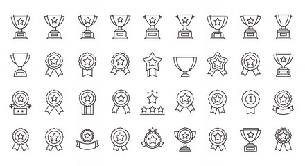 Achievement award trophy and medal vector icon collection, recognition badges and success symbols for corporate and sports competitions