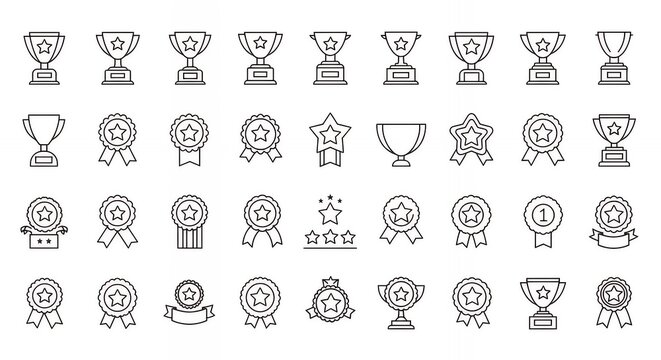Achievement award trophy and medal vector icon collection, recognition badges and success symbols for corporate and sports competitions