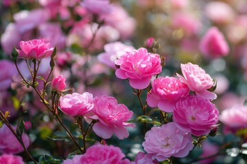 Obraz premium Summer garden backdrop featuring blooming pink roses