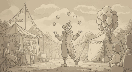 Vintage hand-drawn illustration of a happy clown juggling for an audience at a retro circus fair with tents and balloons. © Abu El Mahfouz