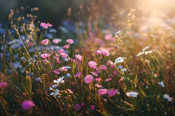 Obraz premium Summer scenery with wildflowers in the morning