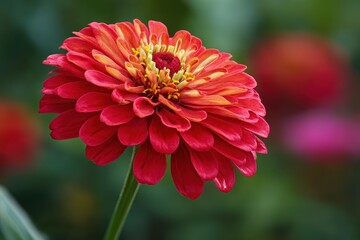The beautiful red zinnia flower blooms brightly and has a sweet scent