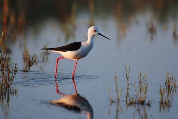 Obraz premium The black winged stilt wades through water searching for food