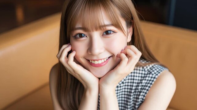 ラウンジのソファで頬杖をつき、優しく微笑む20代女性