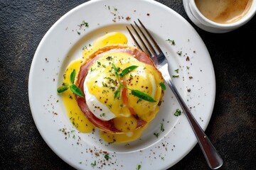 Top view of Egg Benedict on a toasted waffle on a glossy white plate