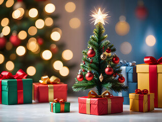 Decorated Christmas tree with red and gold gifts and bokeh lights ornaments