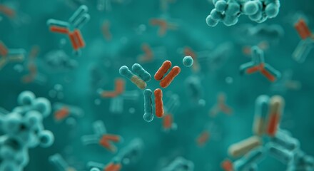 Orange and teal colored antibody molecules in microscopic biological fluid for medical science and immunotherapy research applications