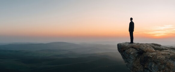 The person standing on a cliff at sunrise overlooking a misty valley