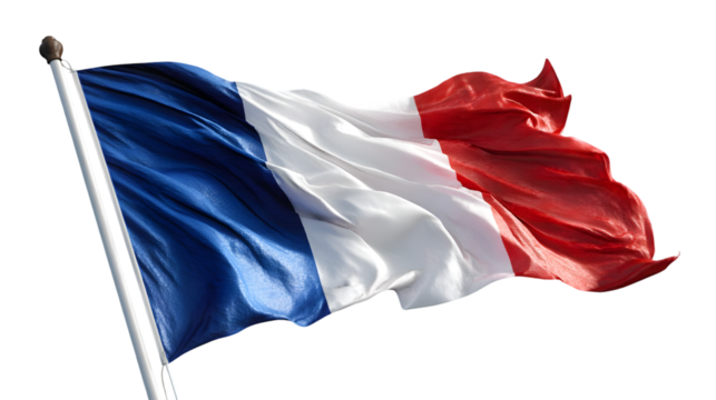 A waving french flag with blue white and red colors on a pole against a black background in the wind - Powered by Adobe